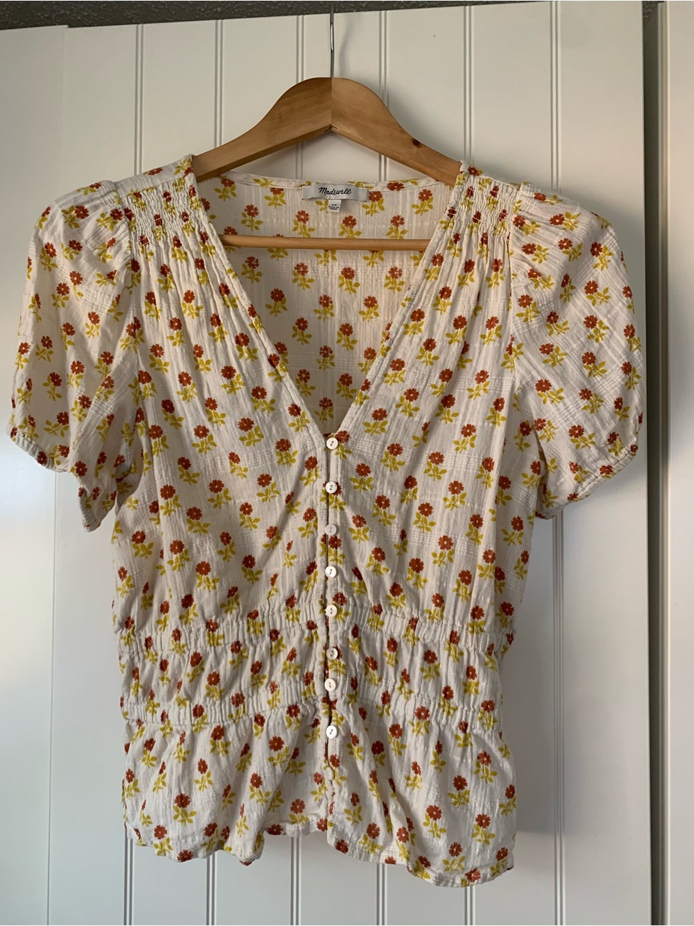 Madewell White Floral Button-Front Smocked Peplum Top